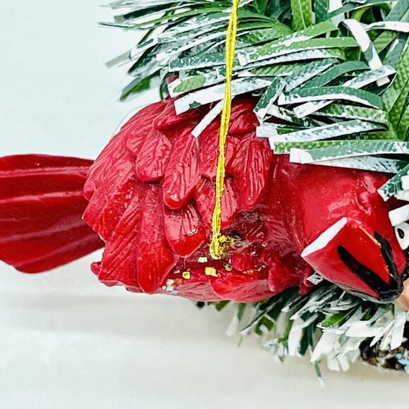 Vintage Christmas Ornament Cardinal In Pine Nest On White Glittered Icicle 6" - Picture 7 of 15